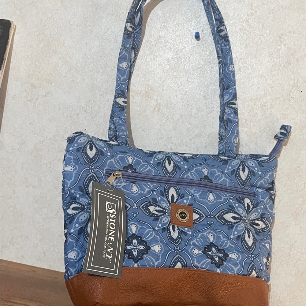 Stone & Co. Blue Patterned Tote with Brown Base